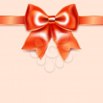 Red bow of silk ribbon, isolated on pink background. Vector illustration eps10. Perfect as invitation or congratulation.