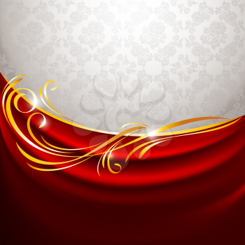 Red fabric curtain on gray background, design element. Eps10