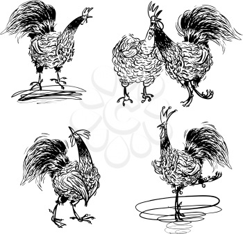 Roosters and a Hen black and white, vector illustration