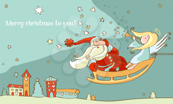 Santa Claus and christmas angel in sleigh. New year postcard