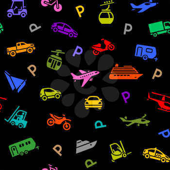 Seamless backdrop, transport colorful icons on a black background, wrapping paper. Vector illustration