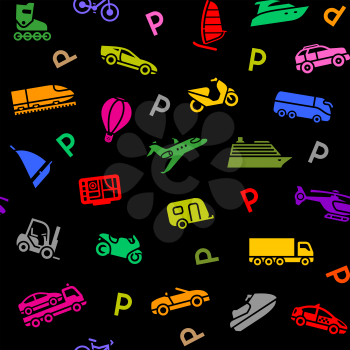 Seamless background, transport colorful icons on a black backdrop. Vector illustration