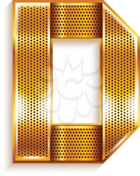 Font folded from a metallic gold perforated ribbon - Letter D. Vector illustration 10eps.