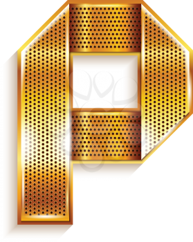 Font folded from a metallic gold perforated ribbon - Letter P. Vector illustration 10eps.