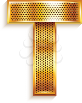 Font folded from a metallic gold perforated ribbon - Letter T. Vector illustration 10eps.