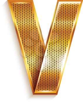 Font folded from a metallic gold perforated ribbon - Letter V. Vector illustration 10eps.