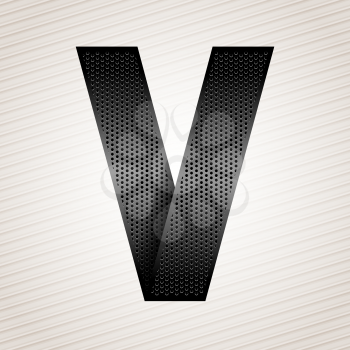 Font from folded metallic ribbon - Latin letter V. Vector 10eps