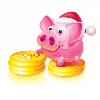 Christmas piggy bank guard on coins