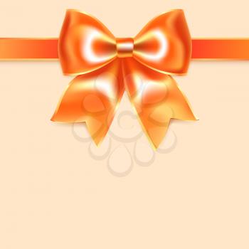 Orange bow of silk ribbon, isolated on peach background. Vector illustration eps10. Perfect as invitation or congratulation.