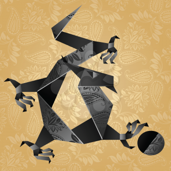 Origami black water dragon on a gold background