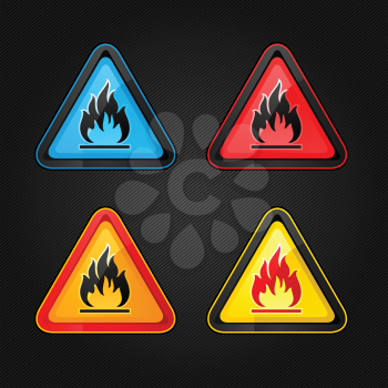 Hazard warning triangle highly flammable warning set symbols on a metal surface