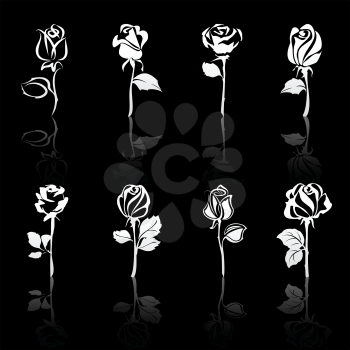 Icon set of flowers Roses with reflections, on black background