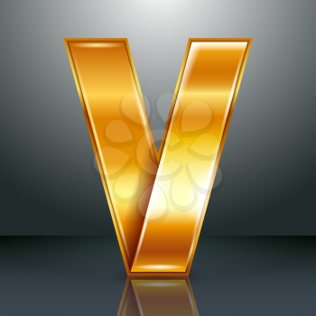 Font folded from a golden metallic ribbon - Letter V. Vector illustration 10eps.