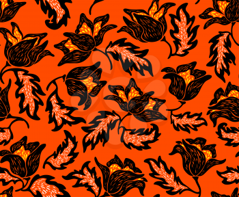 Floral pattern with black flowers on a orange background