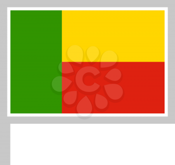 Benin flag on flagpole, rectangular shape icon on white background, vector illustration.