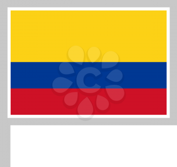 Colombia flag on flagpole, rectangular shape icon on white background, vector illustration.