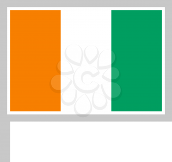 Cote Divoire flag on flagpole, rectangular shape icon on white background, vector illustration.