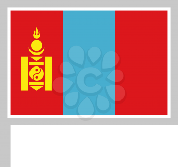 Mongolia flag on flagpole, rectangular shape icon on white background, vector illustration.
