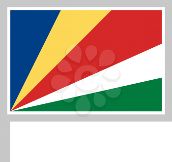 Seychelles flag on flagpole, rectangular shape icon on white background, vector illustration.