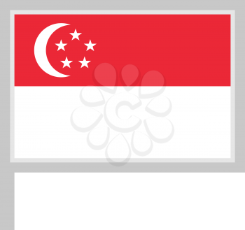 Singapore flag on flagpole, rectangular shape icon on white background, vector illustration.