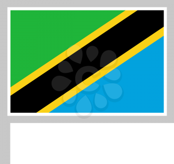 Tanzania flag on flagpole, rectangular shape icon on white background, vector illustration.