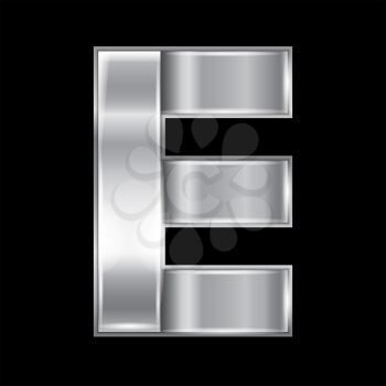 New font folded from a silver metallic ribbon. Trendy roman alphabet, gray vector letter E on a black background, 10eps