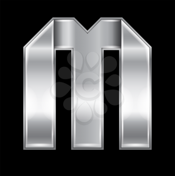 New font folded from a silver metallic ribbon. Trendy roman alphabet, gray vector letter M on a black background, 10eps