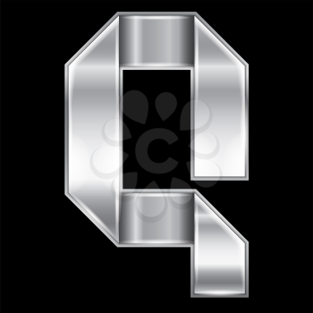 New font folded from a silver metallic ribbon. Trendy roman alphabet, gray vector letter Q on a black background, 10eps
