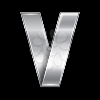 New font folded from a silver metallic ribbon. Trendy roman alphabet, gray vector letter V on a black background, 10eps