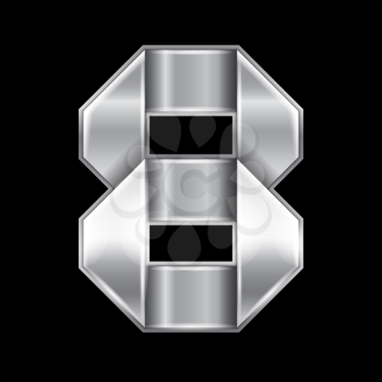 New font folded from a silver metallic ribbon. Trendy alphabet, gray vector number Eight on a black background, 10eps