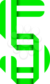 Striped font, modern trendy alphabet, number Five folded from green paper tape, vector illustration