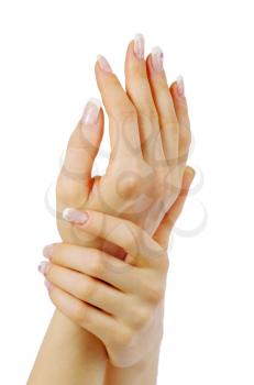female hands with french manicure isolated over white