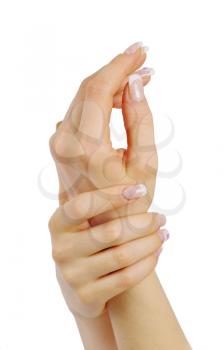 female hands with french manicure isolated over white