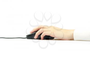 Hand with a computer mouse isolated on white