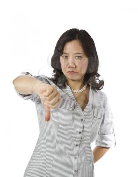 Asian women with thumb down in business causal clothing on white background