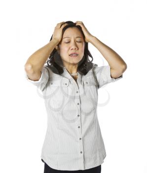 Asian women expressing frustration dressed in casual work clothing on white background