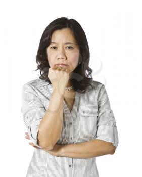Asian women in a decision mood wearing business causal clothing on white background