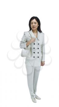 Asian woman dressed in business formal white outfit with purse over shoulder on white background