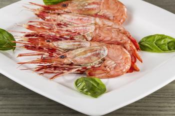 Freshly cooked shrimp on white plate with basil leaves on fading wood background
