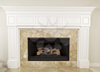 Natural gas insert fireplace with large mantel