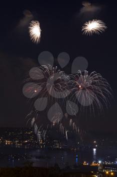 High raising fireworks on Lake Union in Seattle Washington
