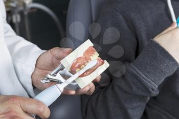 Horizontal photo of dentist showing patient how to brush their teeth by using a plastic teeth model with brush