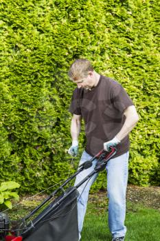 Vertical photo of a mature man, dressed in blue jeans and t-shirt, pull starting an old gas lawnmower with tall bushes in background