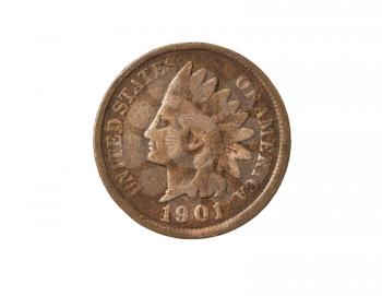 Old American One Cent Coin (Indian Head) on White Background