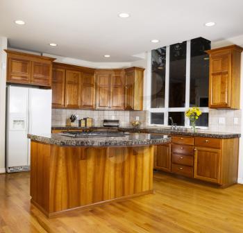 Modern Kitchen with Yellow Oak wooden floors and center gas stove island with stone counter tops