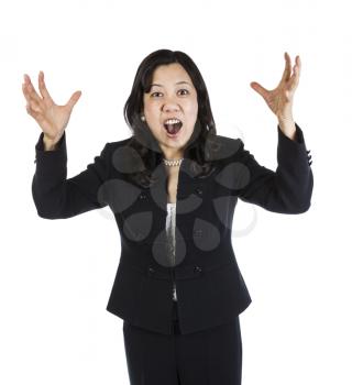 Highly upset mature Asian woman with hands up in the air on white background