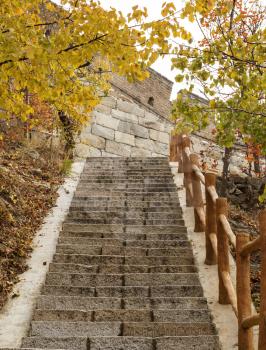 Stairway leading to the Great Wall in Mutianyu near Beijing China