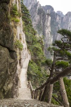 Very steep staircase into China's Yellow Mountain Pass
