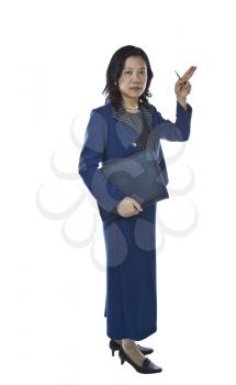 Asian women carrying folder and pen in business suit on white background