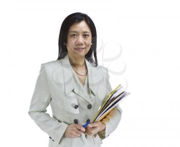 Asian woman dressed in business formal white outfit holding notepads and pen on white background